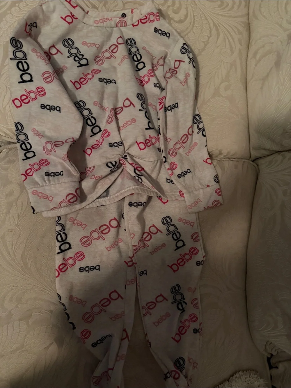 bebe White sweat suit Set with Pink & Black Logo Print